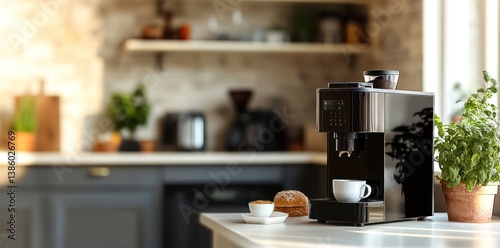 Celluloid-themed advertisement of a black coffee machine on a white table in a kitchen