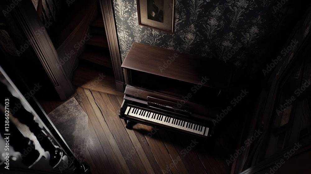 An antique upright piano is situated near a staircase indoors