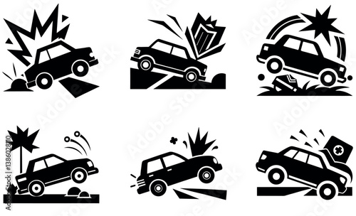 Set of six black and white vector icons depicting various stages of car accidents.