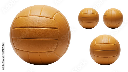 Four antique styled, brown, leather volleyballs isolated against a dark background, showing a game and sports oriented theme.