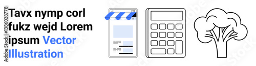Mobile storefront with striped awning for e-commerce, calculator for financial management, tree outline for eco-awareness. Ideal for business, e-commerce, education, finance, sustainability
