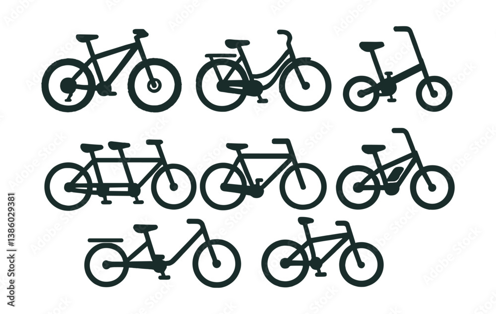 Bicycle icons set: diverse bike silhouettes in linear style for transport and recreation Bicycle icons set: diverse bike silhouettes in linear style for transport and recreation