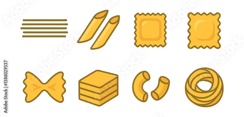 Pasta icon set: flat style with spaghetti, penne, ravioli, farfalle, lasagna, macaroni, tagliatelle