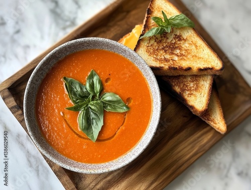 A bowl of creamy tomato soup served with a side of crusty grilled cheese sandwich. Featuring comfort and nostalgia
