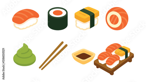 Flat style sushi icons set: nigiri, maki, wasabi, chopsticks, soy sauce, sushi platter
