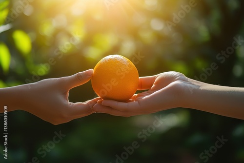 Two hands exchanging an orange fruit in a bright outdoor setting with green foliage in the background