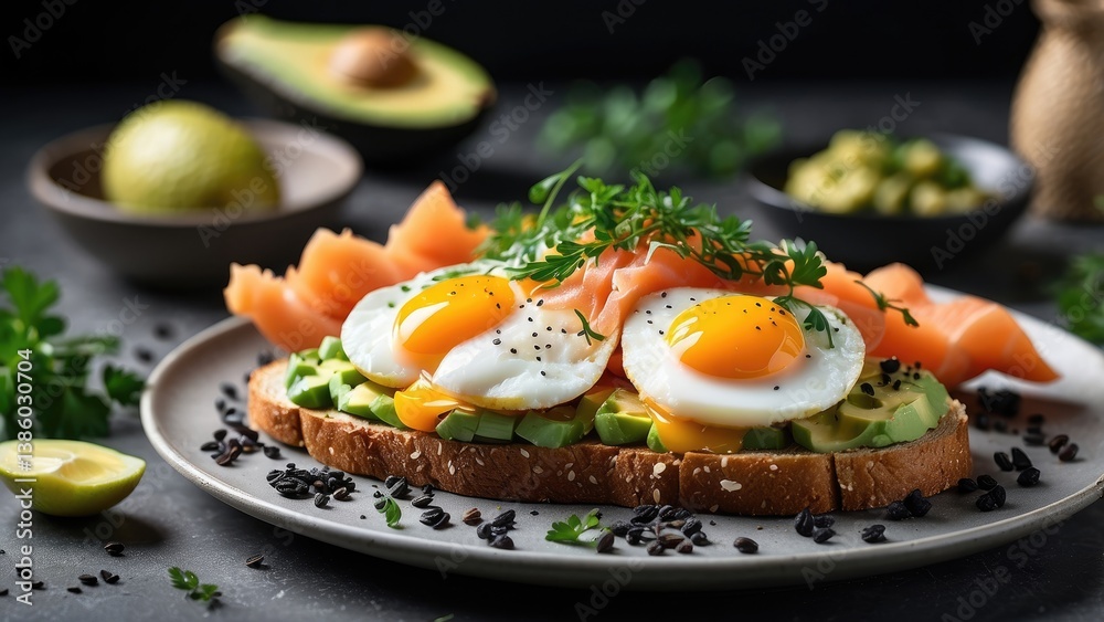 Two pieces of whole grain toast topped with slices of avocado Two pieces of whole grain toast topped with slices of avocado