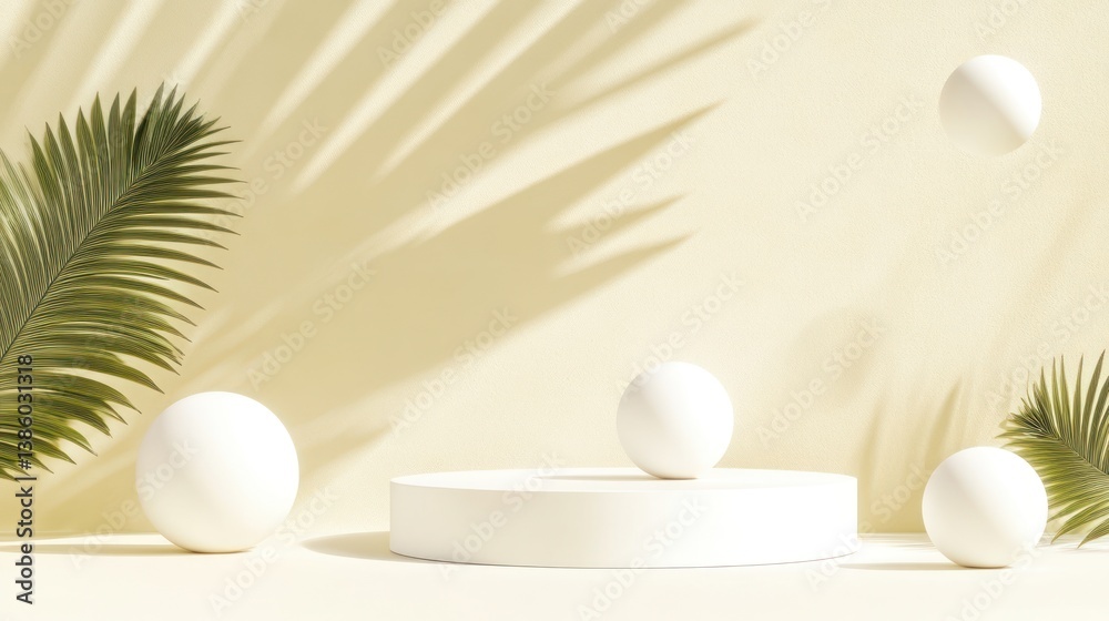 Fototapeta premium Minimalist podium display with palm leaves