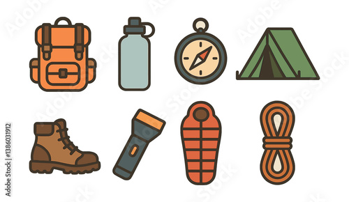 Essential camping icons set: backpack, tent, compass, sleeping bag, and more