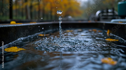 Autumnal Cascade: Water Drop Collision with Reflective Pool and Fallen Leaf