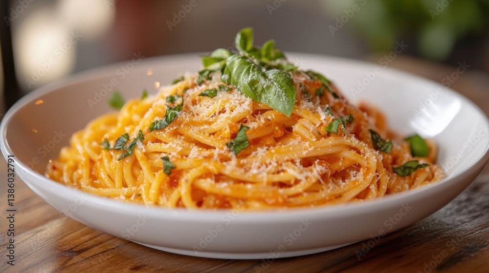 A high-angle view of a plate of spaghetti with marinara sauce, topped with grated parmesan and fresh basil, on a wooden table, on a white background A high-angle view of a plate of spaghetti with marinara sauce, topped with grated parmesan and fresh basil, on a wooden table, on a white background