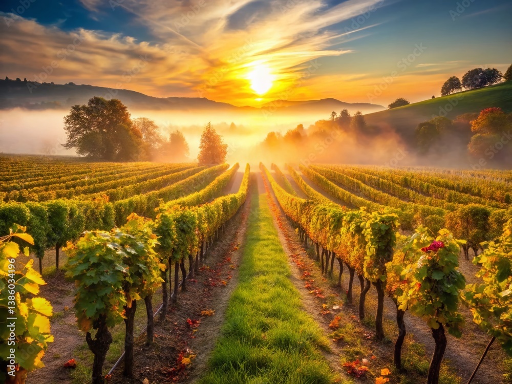 Fototapeta premium Serene Morning Fog: Vineyard Harvest at Les Vendanges