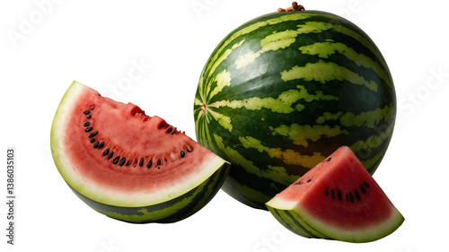 PNG Image Of Whole Watermelon with Perfectly Cut Slices On a Transparent Background