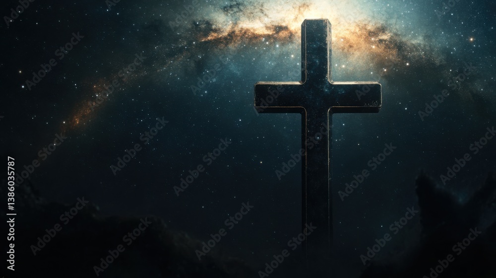 Fototapeta premium Cross Silhouette Against Starry Galaxy