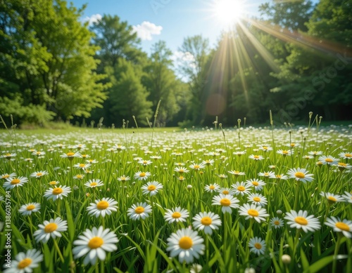 Daisy Field Blooming with Green Grass and Sun Shining Through Trees