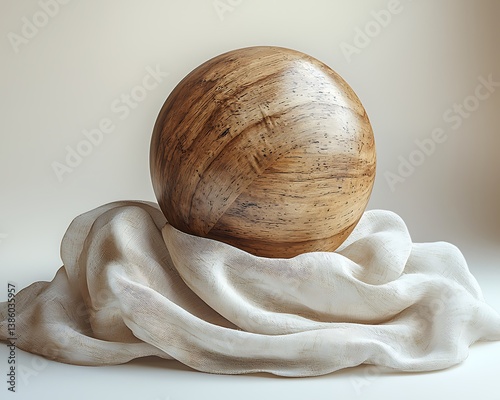 Wooden sphere resting on white silk with soft light