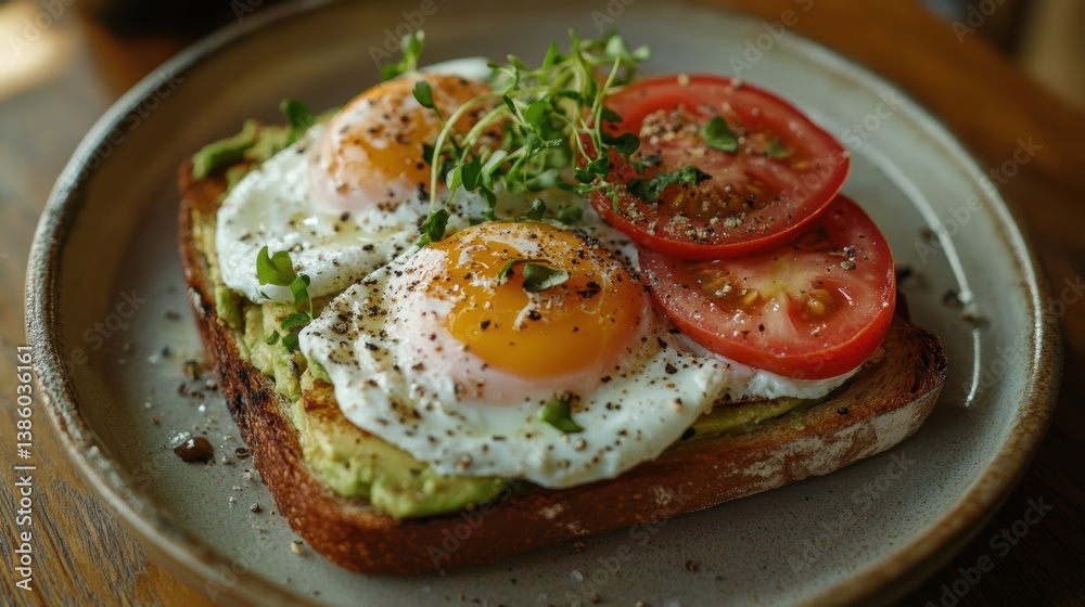 A top-down shot of a creamy avocado toast with poached eggs, tomato slices, and microgreens, on a wooden table, on a white background A top-down shot of a creamy avocado toast with poached eggs, tomato slices, and microgreens, on a wooden table, on a white background