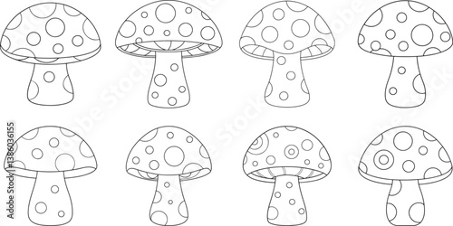 Set of mushroom house outline coloring book page, line art vector illustration