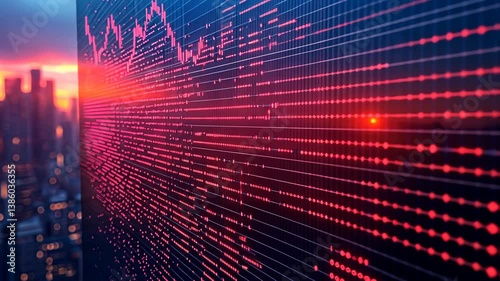 Red Stock Market Data Display at Sunset Over Cityscape