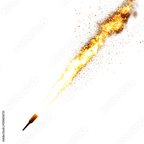 Streak of Flame from Firework Rocket with Sparks Isolated on Transparent Background