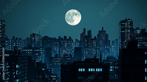Full moon rising between urban buildings in silhouet