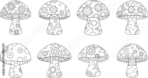Bundle of Steampunk mushroom house outline coloring book page, line art vector illustration