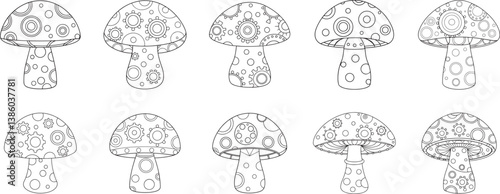 Collection of Steampunk mushroom house outline coloring book page, line art vector illustration