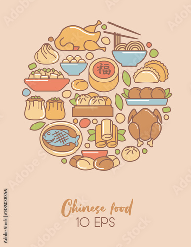 Traditional Chinese food. Circle of flat icons in vintage styles. Symbols of traditional Chinese dishes
