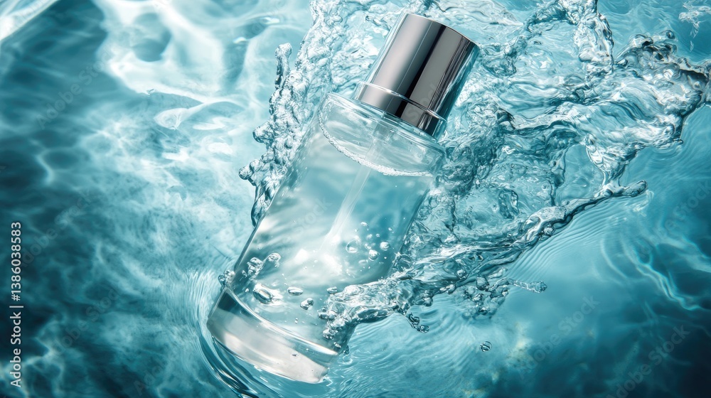A transparent skincare bottle with a silver cap, submerged in crystalline blue water. A transparent skincare bottle with a silver cap, submerged in crystalline blue water.
