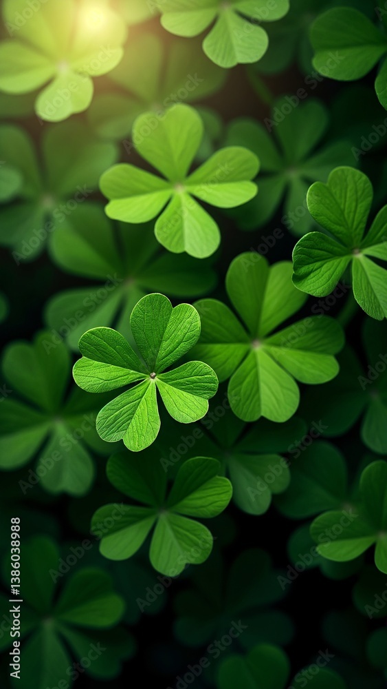 A group of green clover leaves with the sun shining through them. A group of green clover leaves with the sun shining through them.