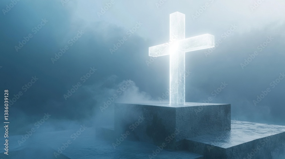 Illuminated Cross on Stone Platform in Mist Illuminated Cross on Stone Platform in Mist