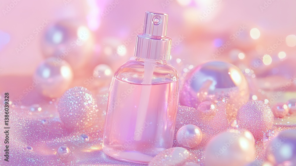 Close-up of a transparent facial mist bottle, surrounded by droplets and iridescent pearls. Close-up of a transparent facial mist bottle, surrounded by droplets and iridescent pearls.