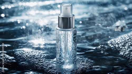Close-up of a water-infused serum bottle, surrounded by fine mist and bright reflections