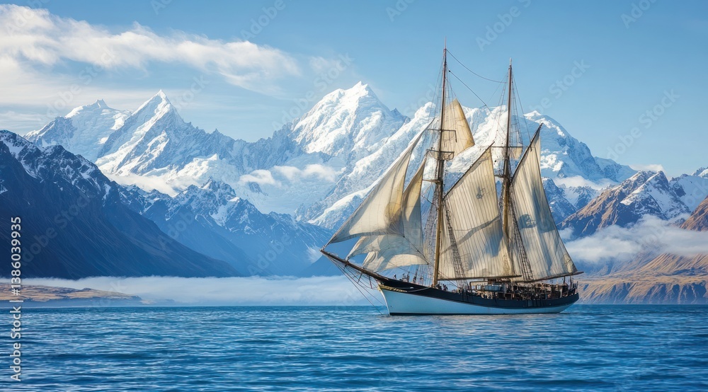 Sailboat on the blue lake with snow-capped mountains in New Zealand Sailboat on the blue lake with snow-capped mountains in New Zealand