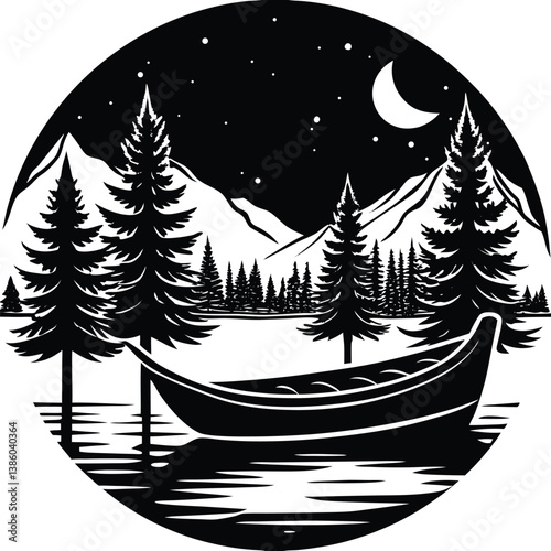 Silhouette Canoe on Lake with Mountains and Pine Trees 