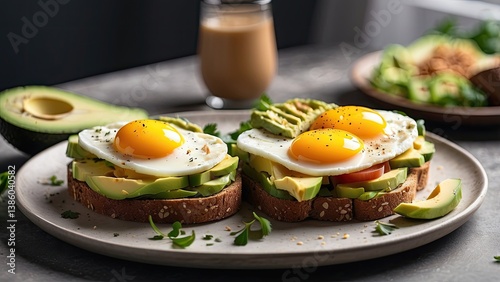 Two pieces of whole grain toast topped with slices of avocado