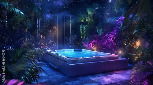 Obraz na płótnie A Luxurious Illuminated Hot Tub Surrounded By Lush Foliage w salonie