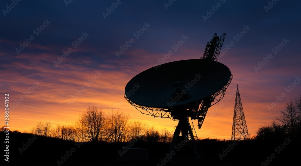 Silhouette of a satellite dish and other communication towers against the sky at dusk Silhouette of a satellite dish and other communication towers against the sky at dusk