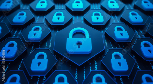 A digital fortress of countless blue padlocks, each safeguarding precious data in a secure, interconnected network with a dark, hexagonal grid background.