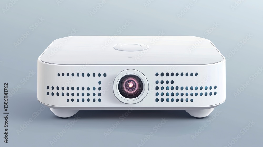 Compact white projector with lens and ventilation holes on a light grey background. Compact white projector with lens and ventilation holes on a light grey background.