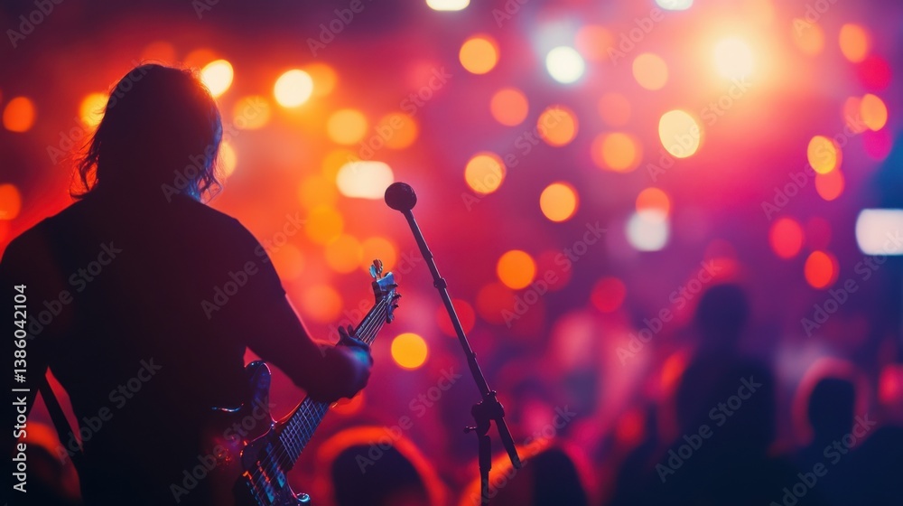 Fototapeta premium Musician Playing Guitar on Stage with Crowd and Lighting