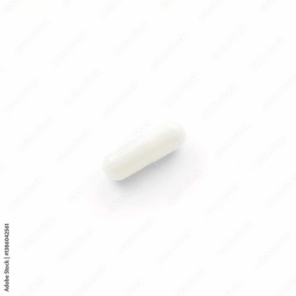 The focus is a single, white, oblong-shaped capsule, featuring a delicate reddish-pink line where its two halves meet, set against a minimalist white background, symbolizing medication The focus is a single, white, oblong-shaped capsule, featuring a delicate reddish-pink line where its two halves meet, set against a minimalist white background, symbolizing medication