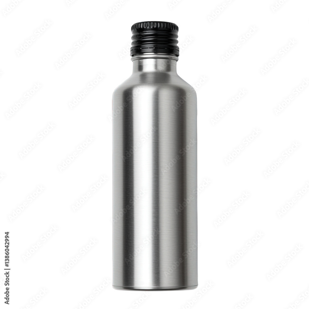 Sleek reusable stainless steel bottle with black screw cap. Sleek reusable stainless steel bottle with black screw cap.