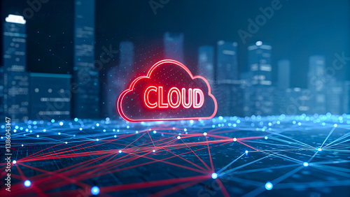 The glowing red cloud symbol of the digital age rises above a futuristic cityscape, a network of connections pulsating beneath it.