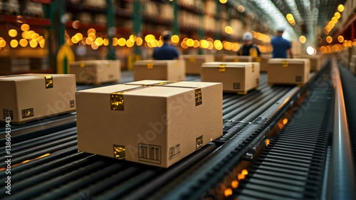 Packages on Conveyor Belt in Warehouse