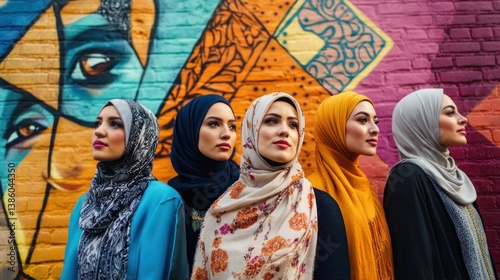 Diverse women wearing hijab in front of vibrant graffiti wall portrait