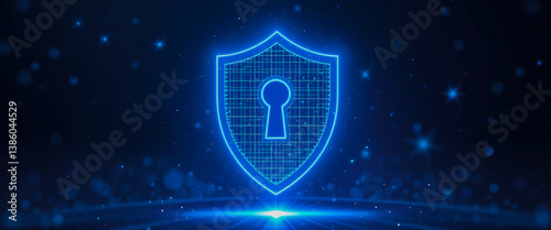 A glowing digital shield, a symbol of impenetrable online security and data protection, radiates in a deep blue digital space.