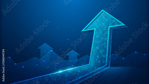 A luminous upward arrow symbolizes growth and progress, soaring above a network of interconnected points, signifying a bright future and potential in a deep blue, futuristic landscape.