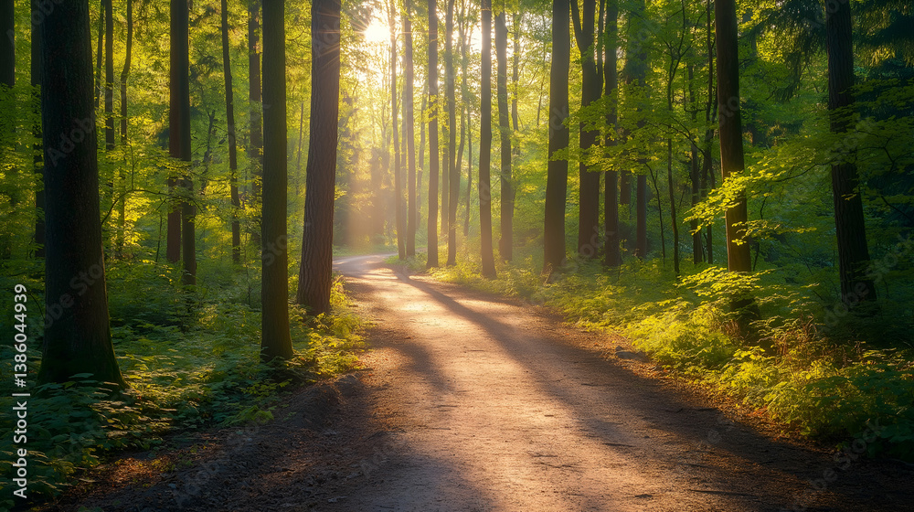 Fototapeta premium A peaceful forest path wilding through tall tree woods