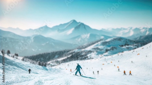Skier on Slope with Distant Mountain Range
